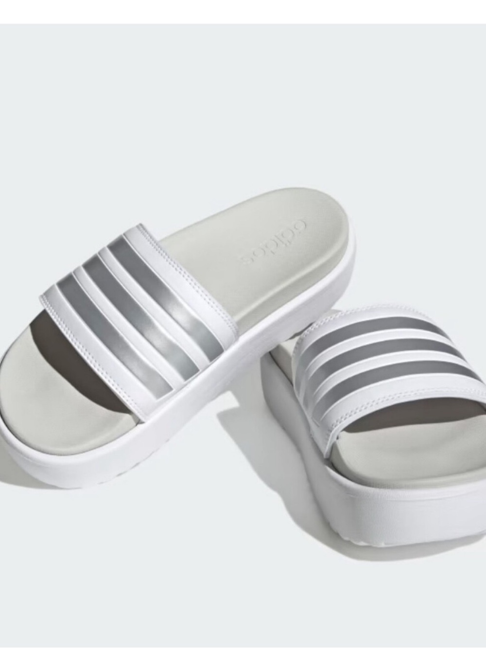 adidas White and Silver Platform Slide Sandals